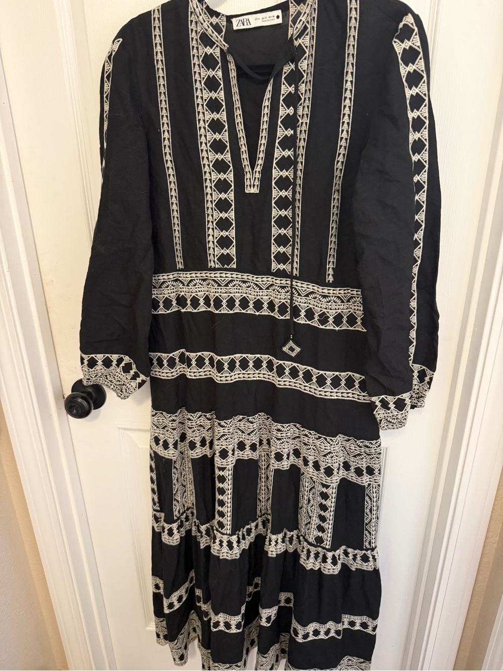 NWOT ZARA Black Maxi Dress with Ivory Embroidered Trim